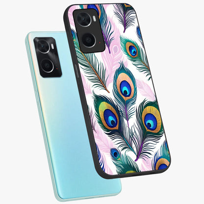 Royal Peacock Feathers Glass Case displayed in angled mockup highlighting vibrant feather pattern with regal aesthetic style.