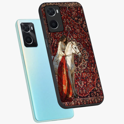 Royal Rider Tapestry Glass Case displayed in angled mockup highlighting traditional tapestry design with royal heritage aesthetic.