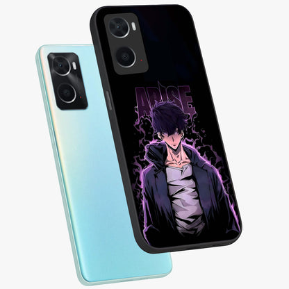 Shadow Monarch Awakening Glass Case displayed in angled mockup highlighting dramatic shadow warrior design with fantasy aesthetic.