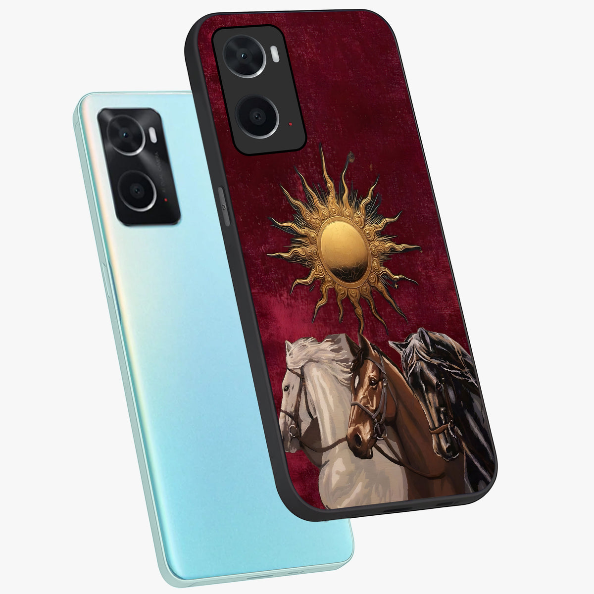 Solar Riders Glass Case displayed in angled mockup highlighting powerful rider illustration with radiant solar aesthetic.
