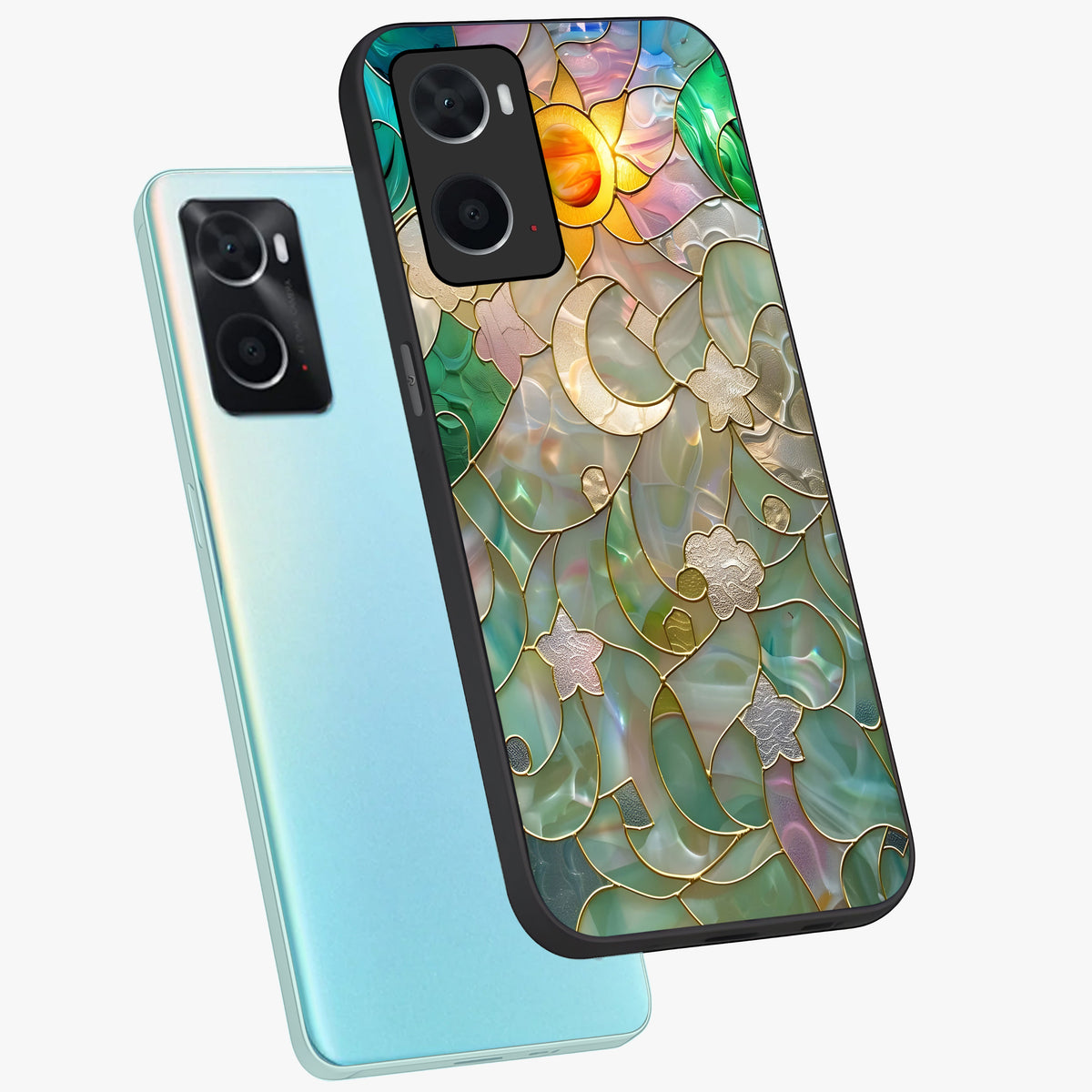 Stained Sunrise Glow Glass Case displayed in angled mockup highlighting radiant sunrise design with artistic aesthetic style.