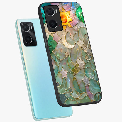 Stained Sunrise Glow Glass Case displayed in angled mockup highlighting radiant sunrise design with artistic aesthetic style.