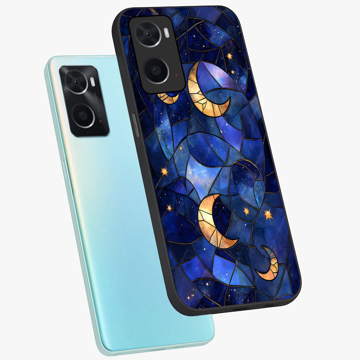 Starlit Sky Tapestry Glass Case displayed in angled mockup highlighting celestial night pattern with artistic aesthetic style.