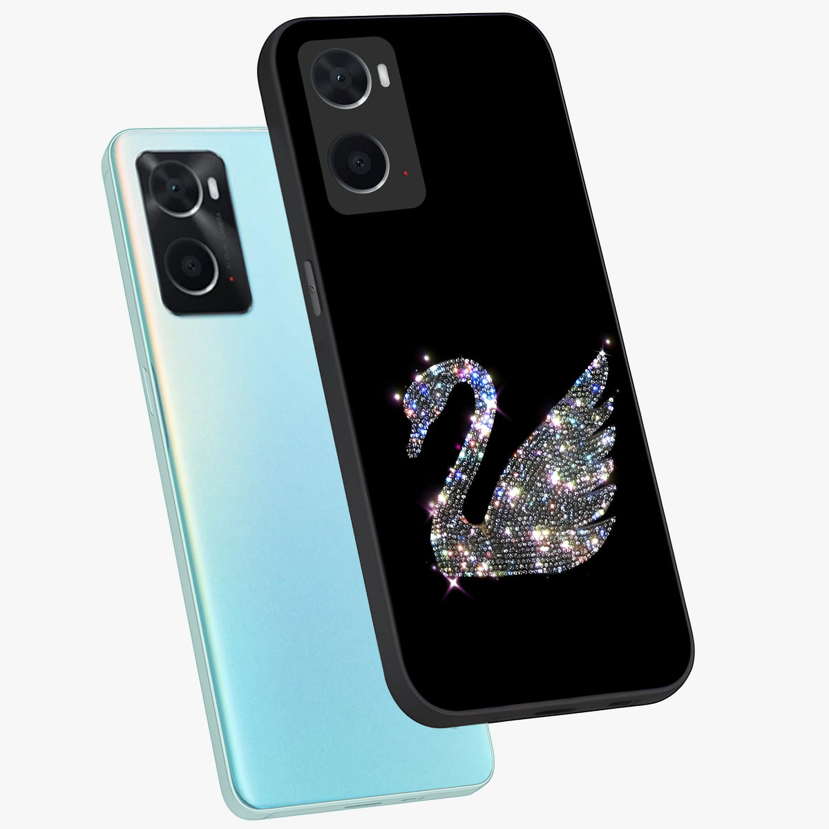 Starlit Swan Grace Glass Case displayed in angled mockup highlighting elegant swan illustration with dreamy celestial aesthetic.
