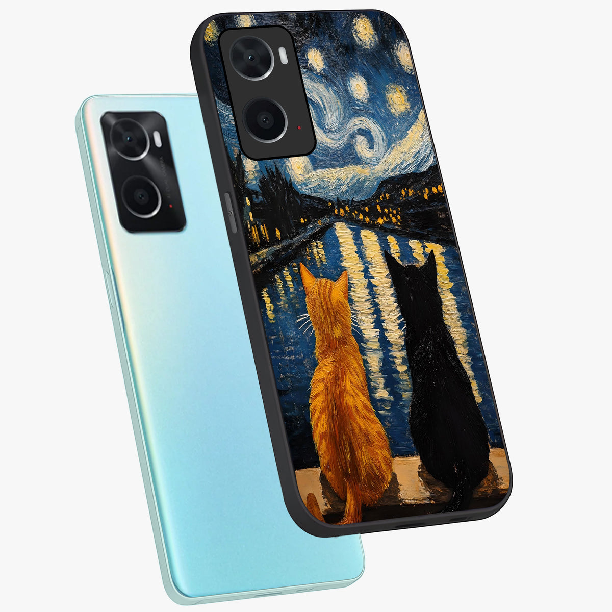 Starry River Cats Glass Case displayed in angled mockup highlighting charming feline illustration with dreamy night aesthetic.
