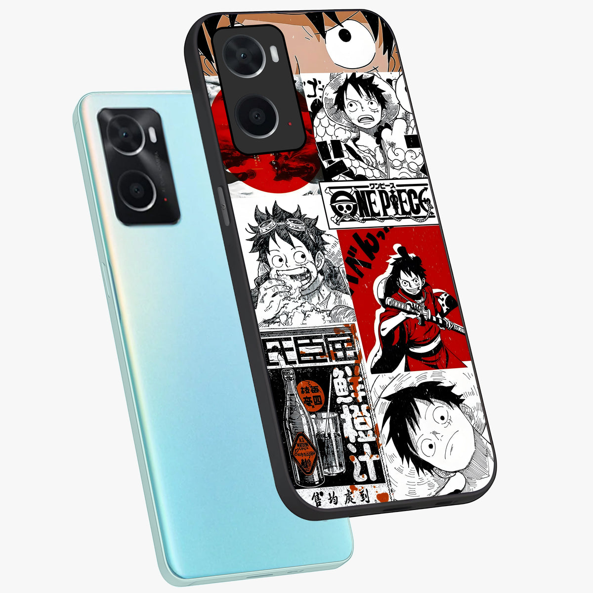 Strawhat Chaos Panels Glass Case displayed in angled mockup highlighting vibrant anime collage design with action aesthetic.