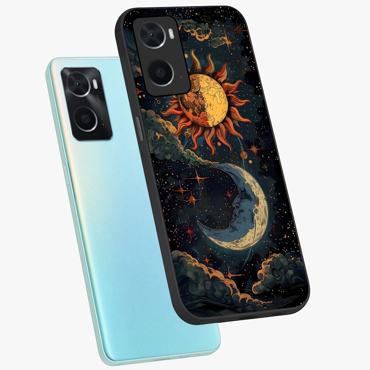 Sun And Moon Magic Design Glass Case displayed in angled mockup highlighting celestial design with magical cosmic aesthetic.