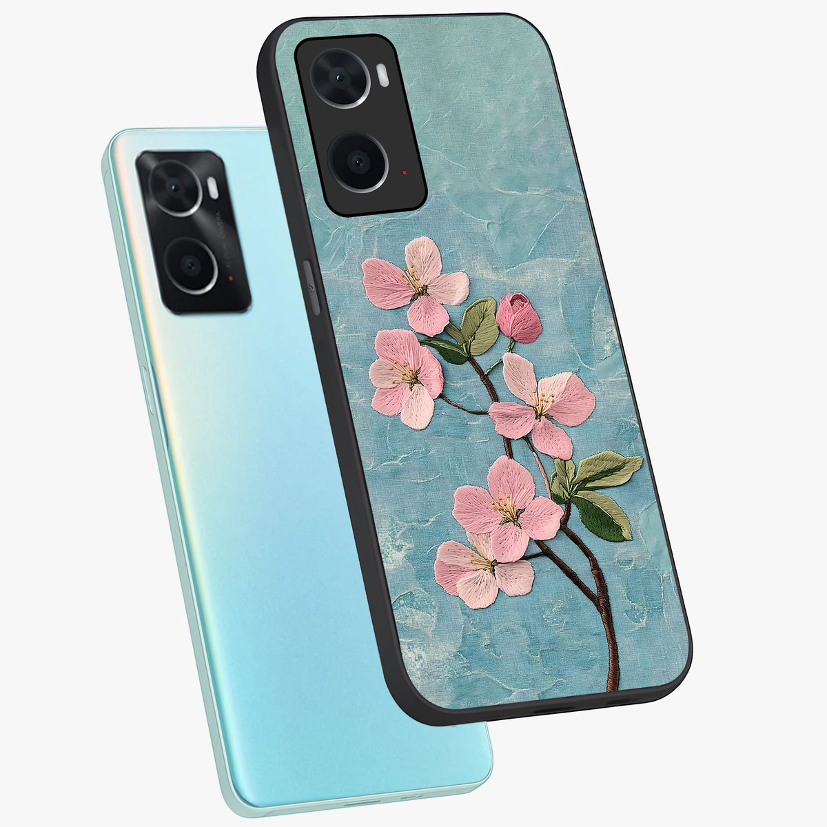 Threaded Blossom Breeze Glass Case displayed in angled mockup highlighting elegant floral design with soft aesthetic style.