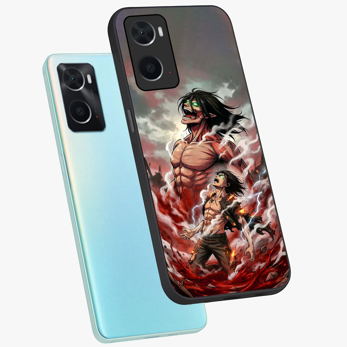 Titan Awakening Fury Glass Case displayed in angled mockup highlighting dramatic giant warrior design with bold anime aesthetic.