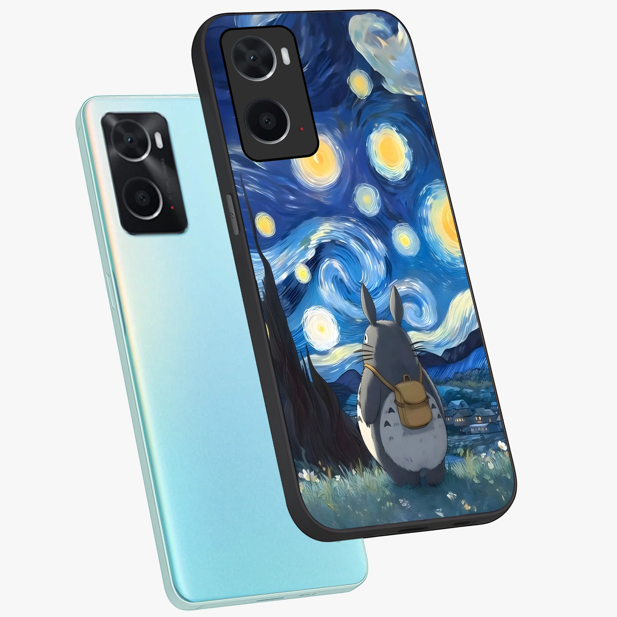 Totoro In Van Gogh Art Glass Case displayed in angled mockup highlighting artistic swirling sky design with playful animation aesthetic.