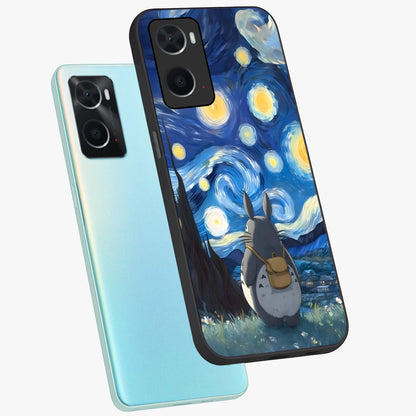 Totoro In Van Gogh Art Glass Case displayed in angled mockup highlighting artistic swirling sky design with playful animation aesthetic.