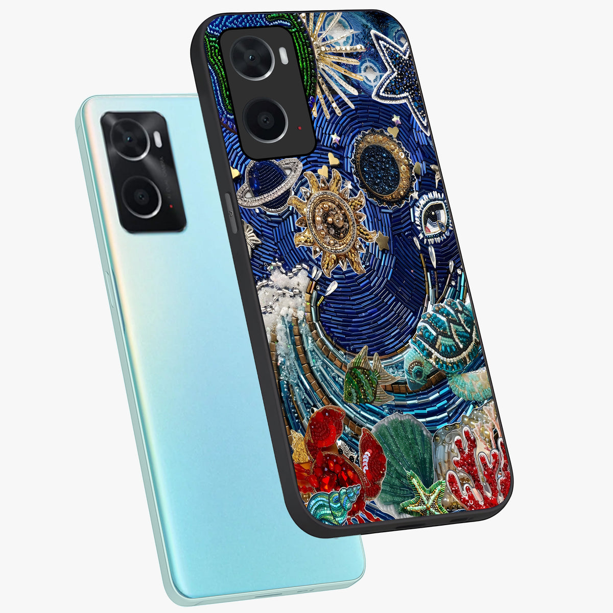 Universe Underwater Spark Glass Case displayed in angled mockup highlighting glowing aquatic design with celestial aesthetic.