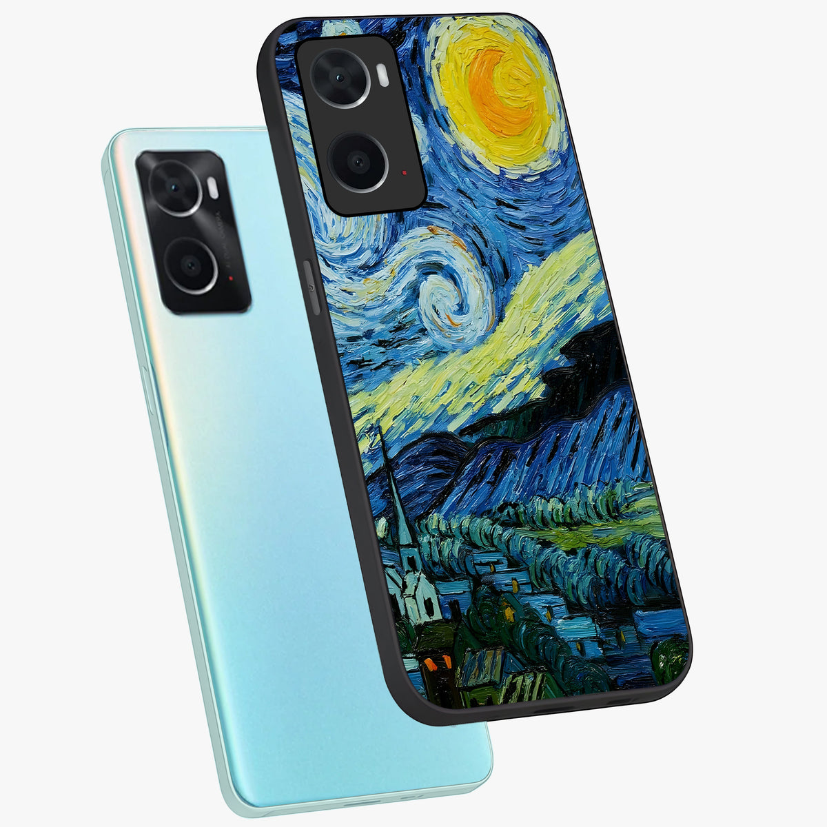 Van Gogh Art Glass Case displayed in angled mockup highlighting swirling brushstroke design with artistic aesthetic.
