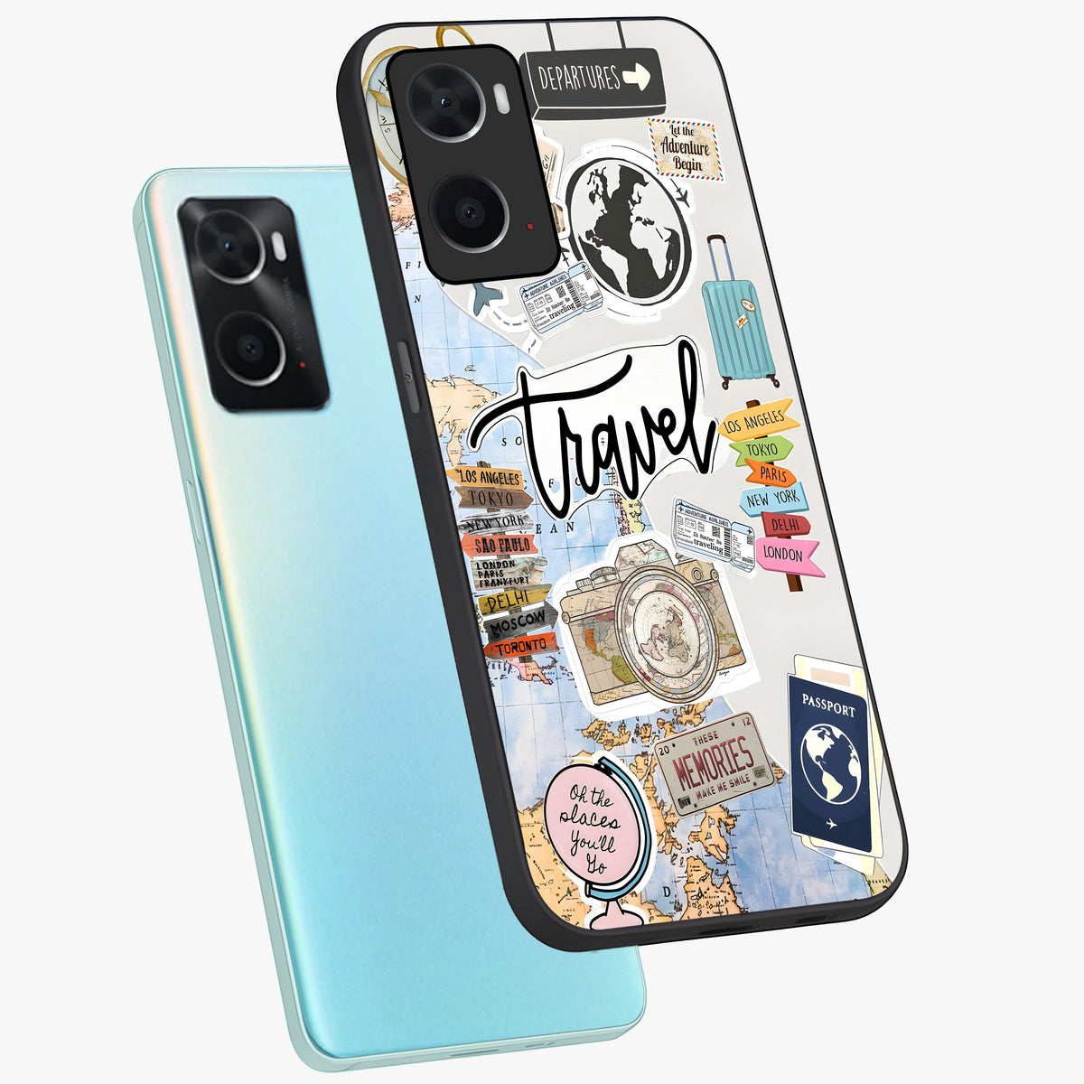 Wanderlust Journal Glass Case displayed in angled mockup highlighting adventure themed design with aesthetic travel vibe.