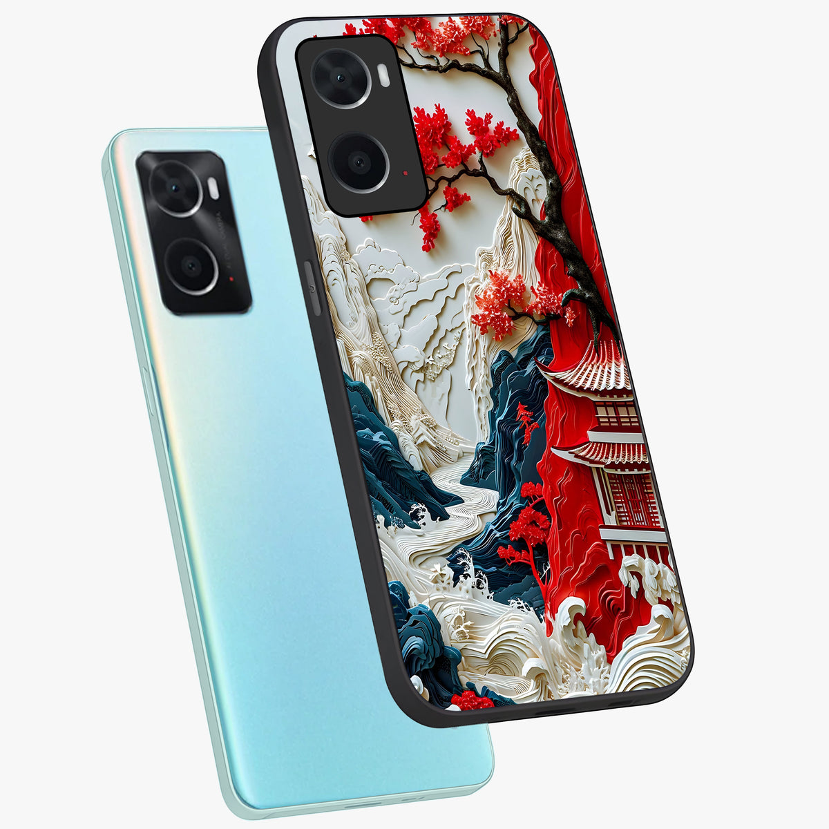 Whispers Of Sakura Waves Glass Case displayed in angled mockup highlighting flowing sakura design with soft floral aesthetic.