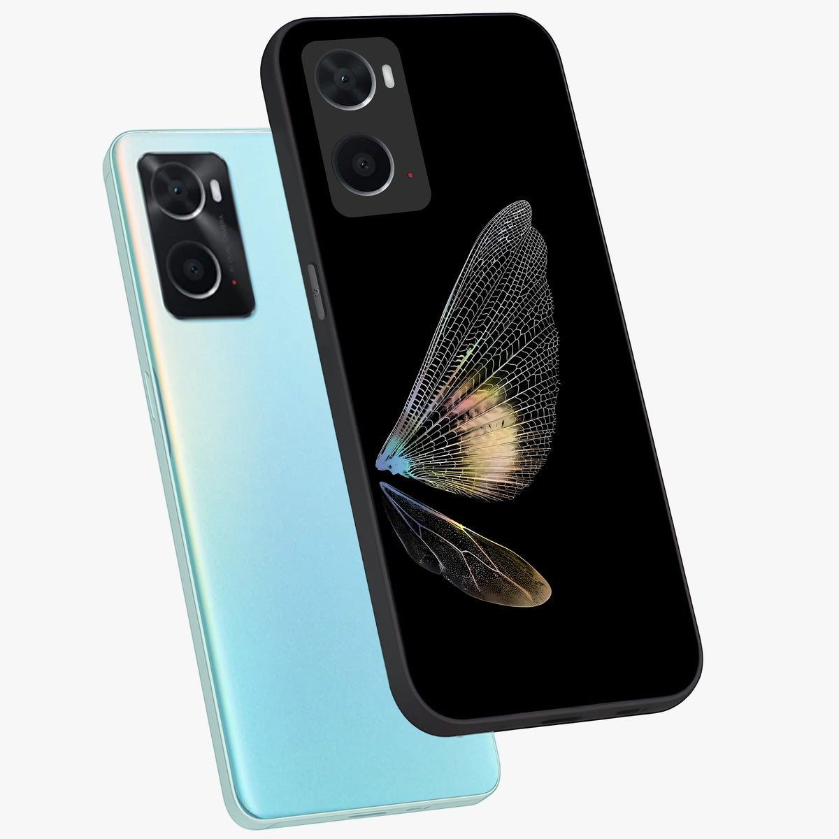 Whispers Of Wings Glass Case displayed in angled mockup highlighting soft feather design with celestial aesthetic style.