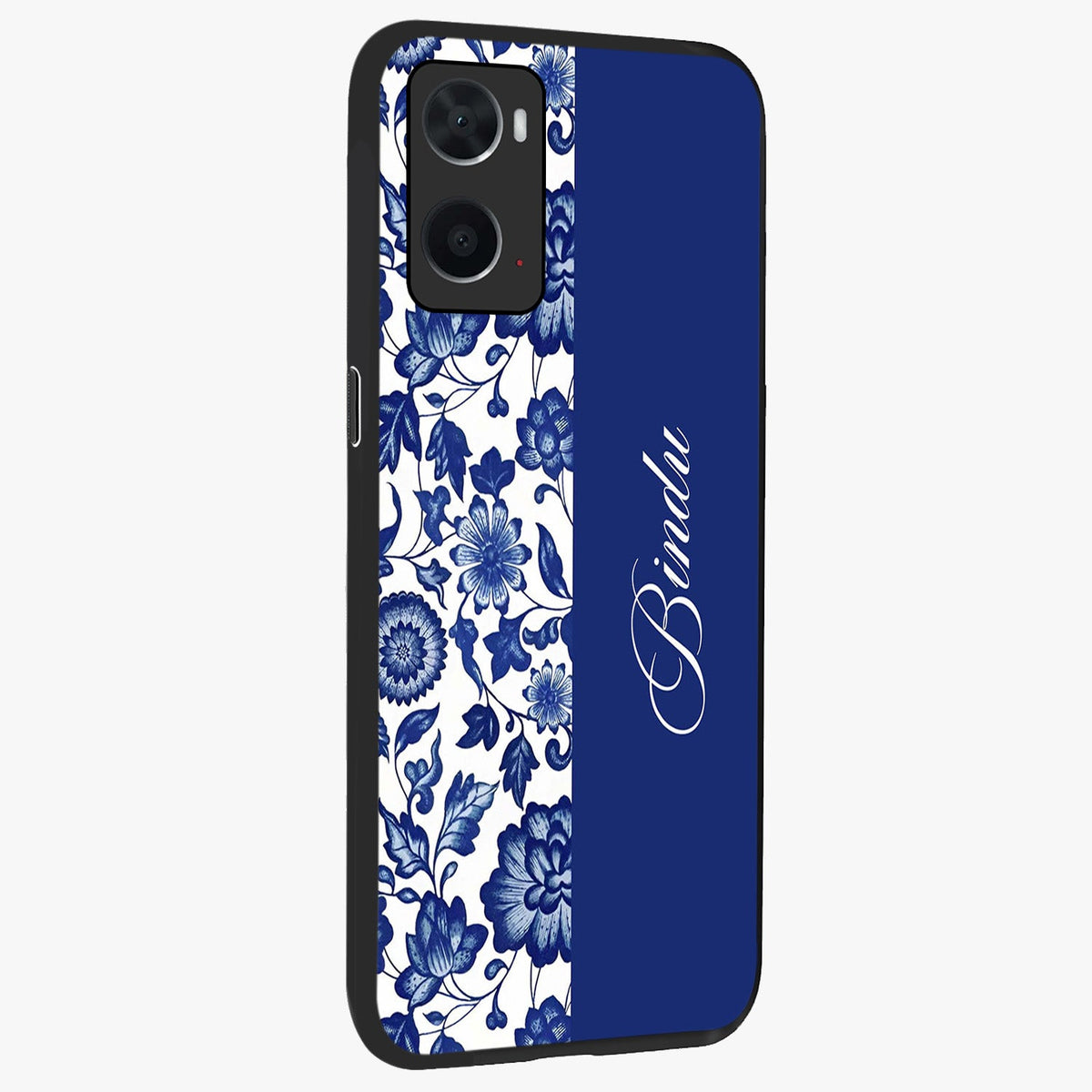 Blue Vintage Floral Pattern Glass Case upright view showcasing delicate blush floral texture with modern minimal style.
