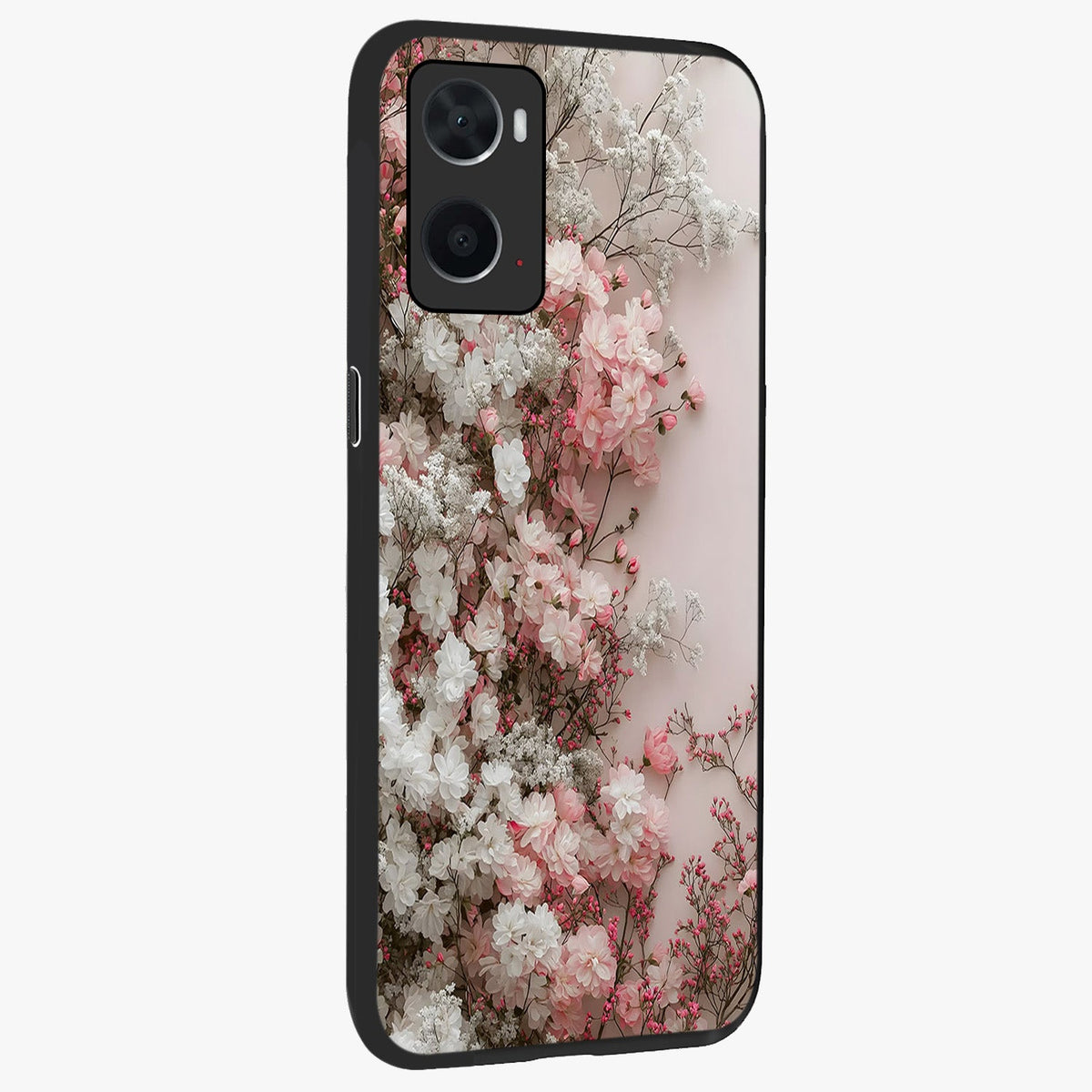 Blush Blossom Cloud Glass Case upright view showcasing calm floral cloud artwork with gentle dreamy theme.