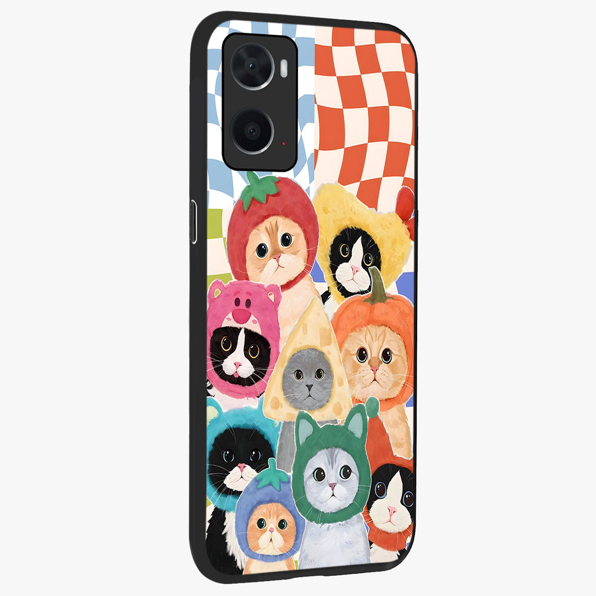 Cats in Fruits Glass Case upright view showcasing charming cat artwork with fun fruity theme.