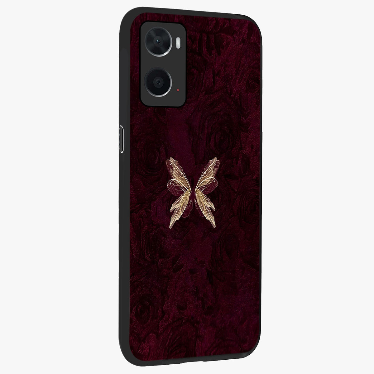Crimson Fade Butterfly Glass Case upright view showcasing graceful butterfly artwork with soft crimson fade effect.