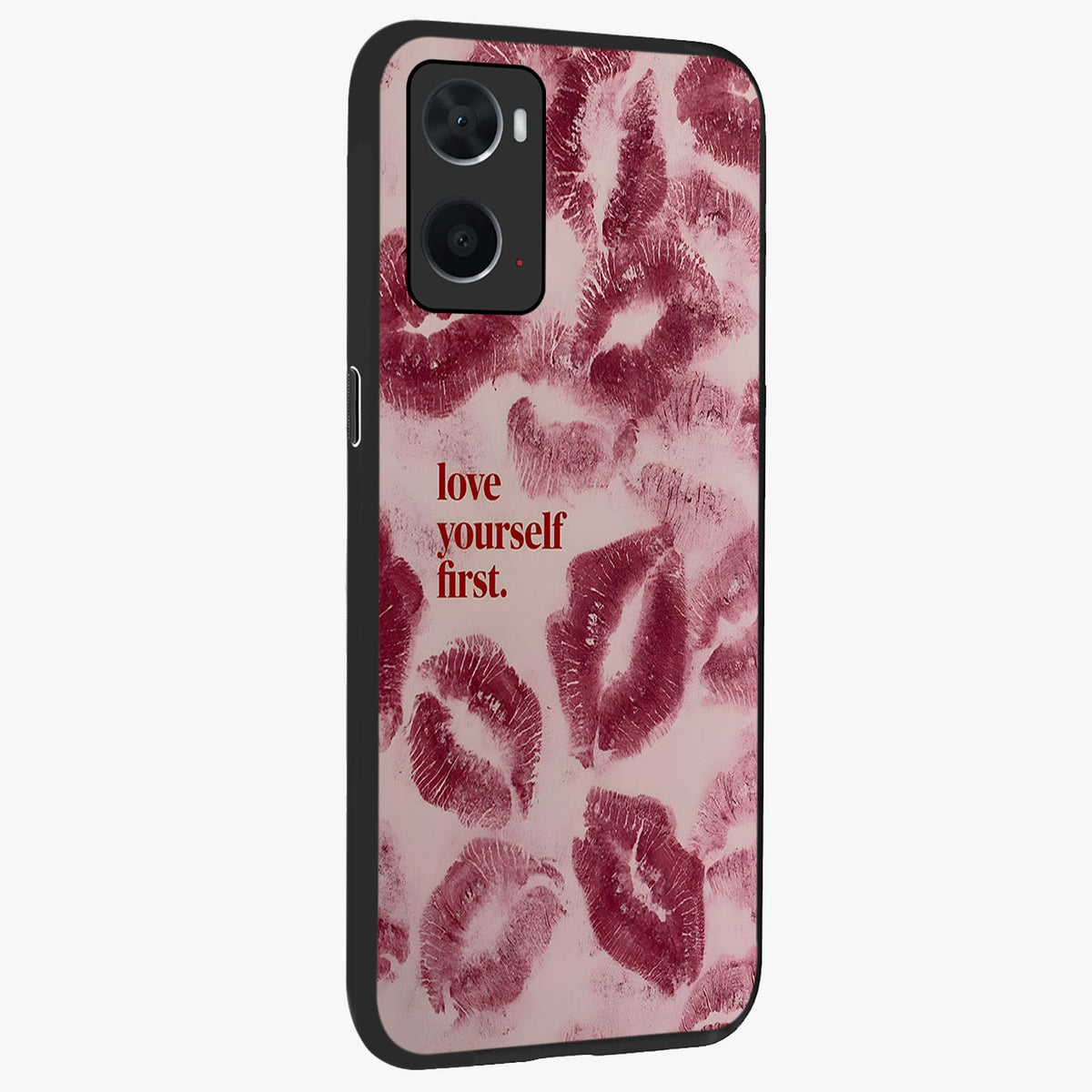 Crimson Kiss Love Glass Case upright view showcasing expressive romantic artwork with deep crimson theme.