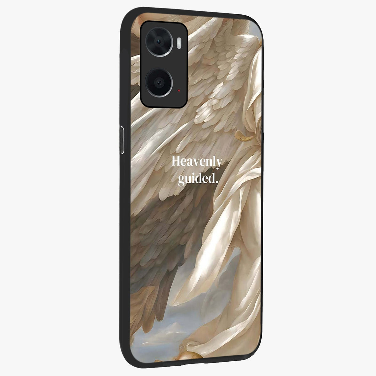 Divine Winged Grace Glass Case upright view showcasing spiritual wing artwork with soft celestial theme.