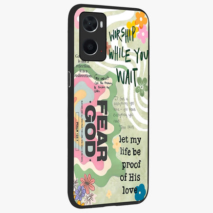 Faith Over Fear Glass Case upright view showcasing bold typography artwork with uplifting motivational theme.
