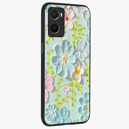 Frosted Petal Garden Glass Case upright view showcasing elegant floral garden artwork with soothing pastel theme.