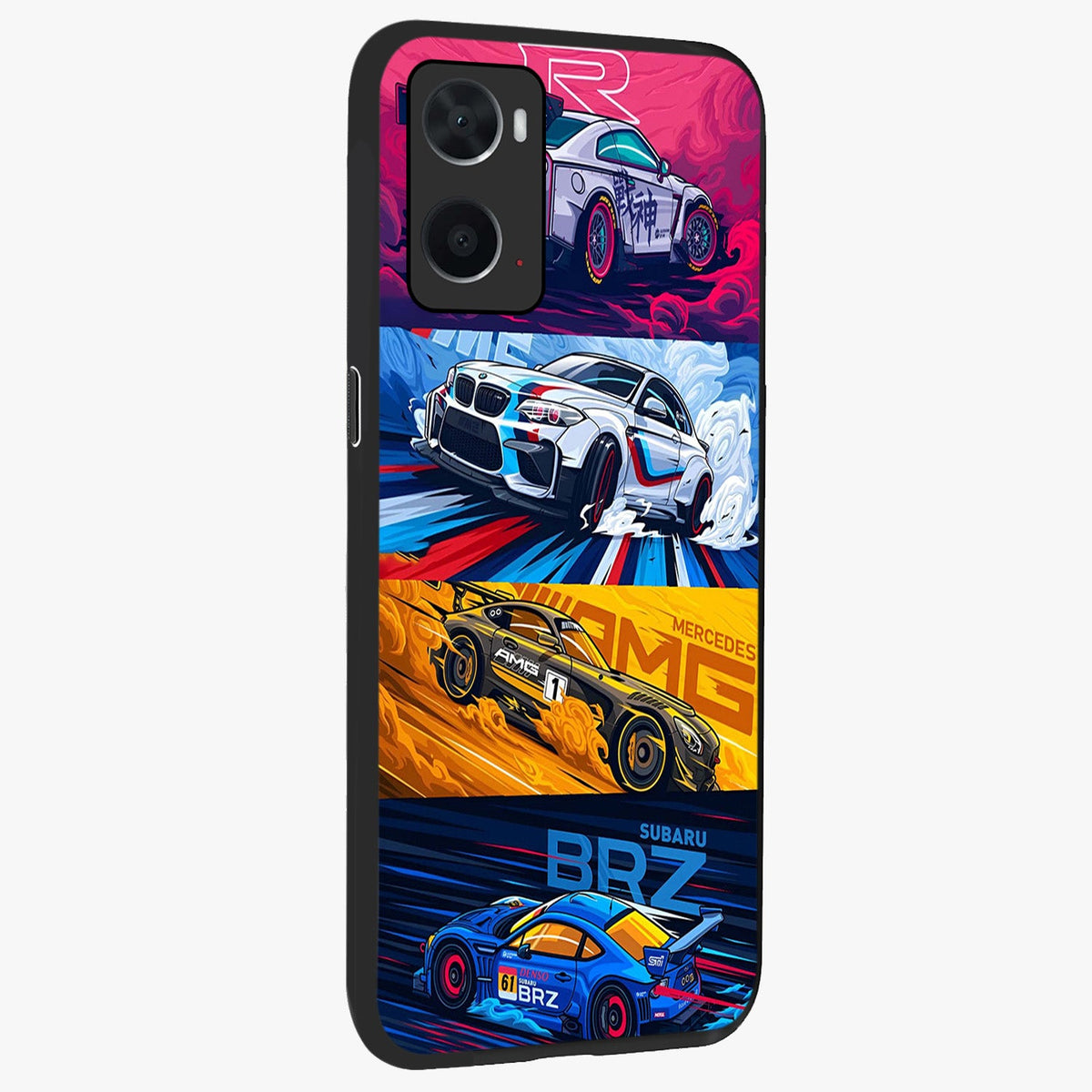 JDM Sports Car Glass Case upright view showcasing dynamic sports car artwork with bold racing theme.