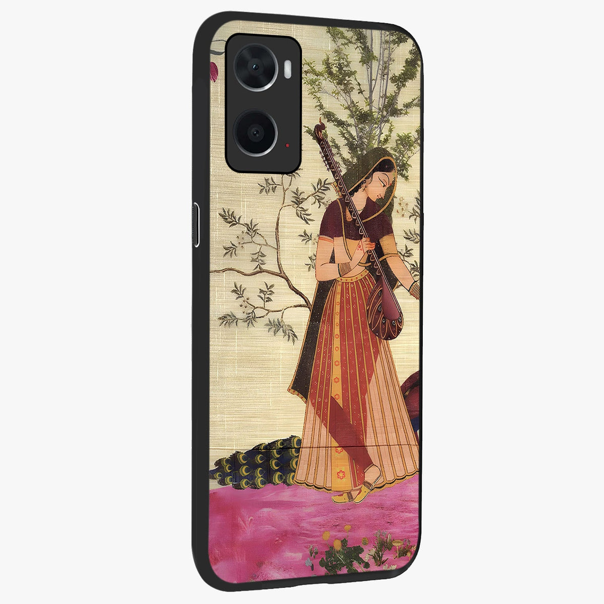 Lady With Veena Art Glass Case upright view showcasing classical veena artwork with traditional artistic theme.