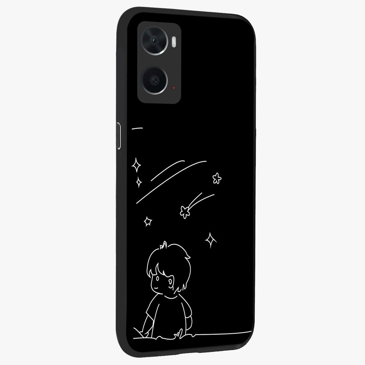 Line Art Boy With Shooting Stars Glass Case upright view showcasing artistic shooting star illustration with minimal style.