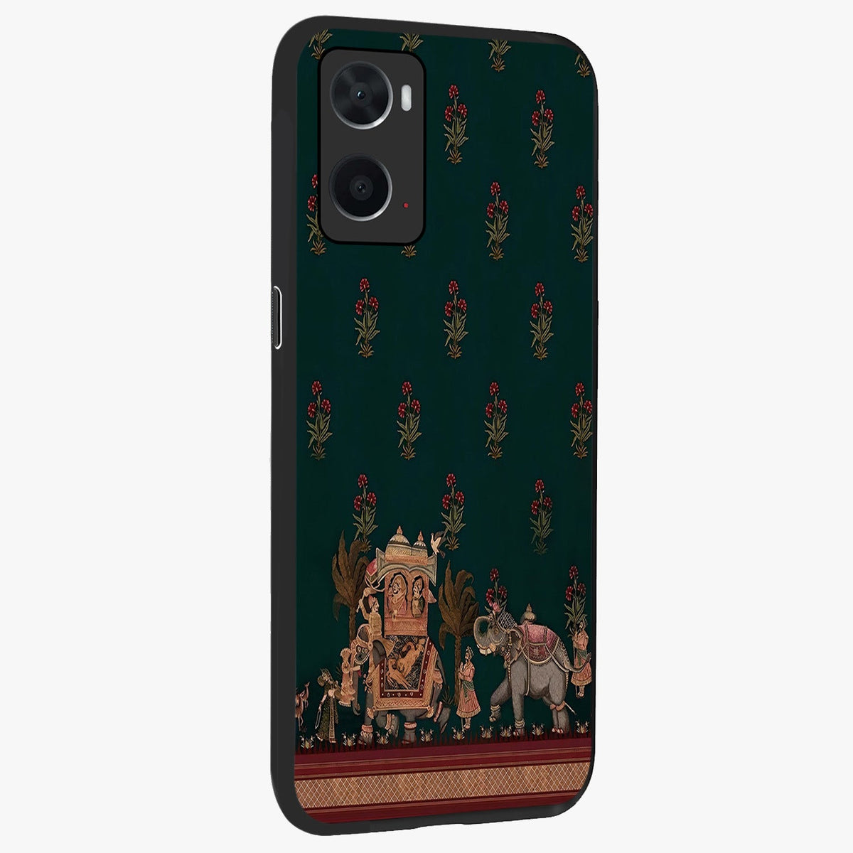 Macmerise Glass Case upright view showcasing bold artistic artwork with contemporary design theme.