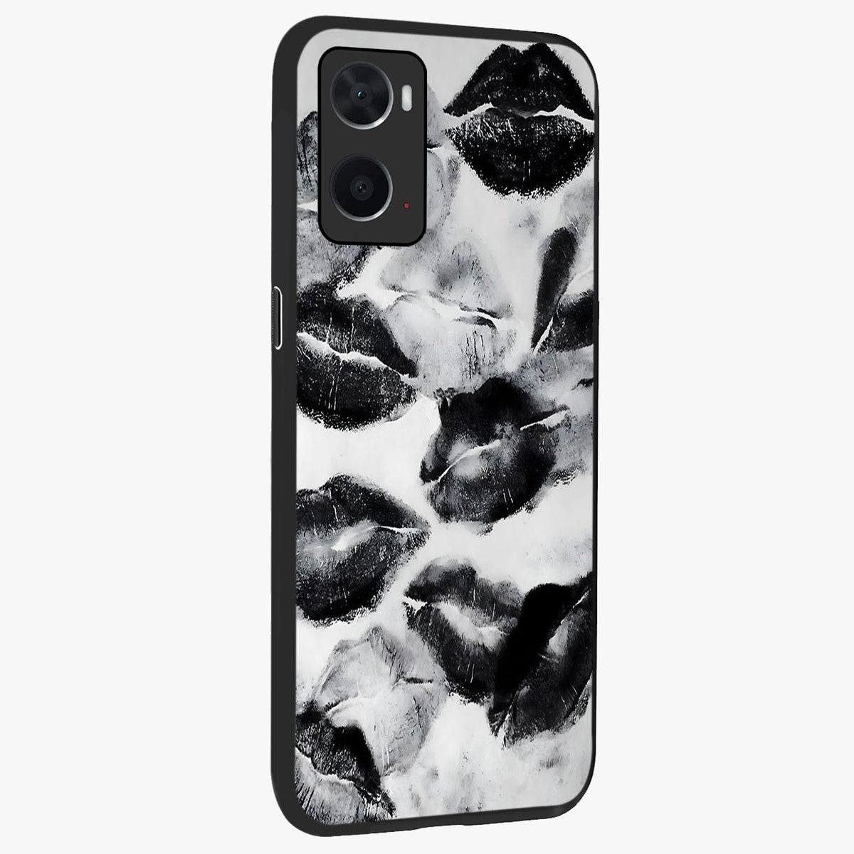 Midnight Kiss Marks Glass Case upright view showcasing stylish kiss mark artwork with trendy romantic theme.