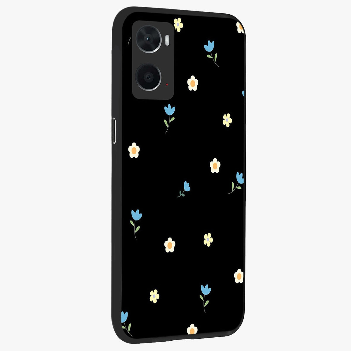 Minimal Petal Whispers Glass Case upright view showcasing elegant floral artwork with modern minimalist style.