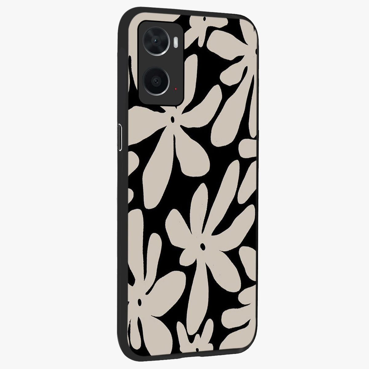 Monochrome Petal Dance Glass Case upright view showcasing artistic floral pattern with stylish monochrome theme.