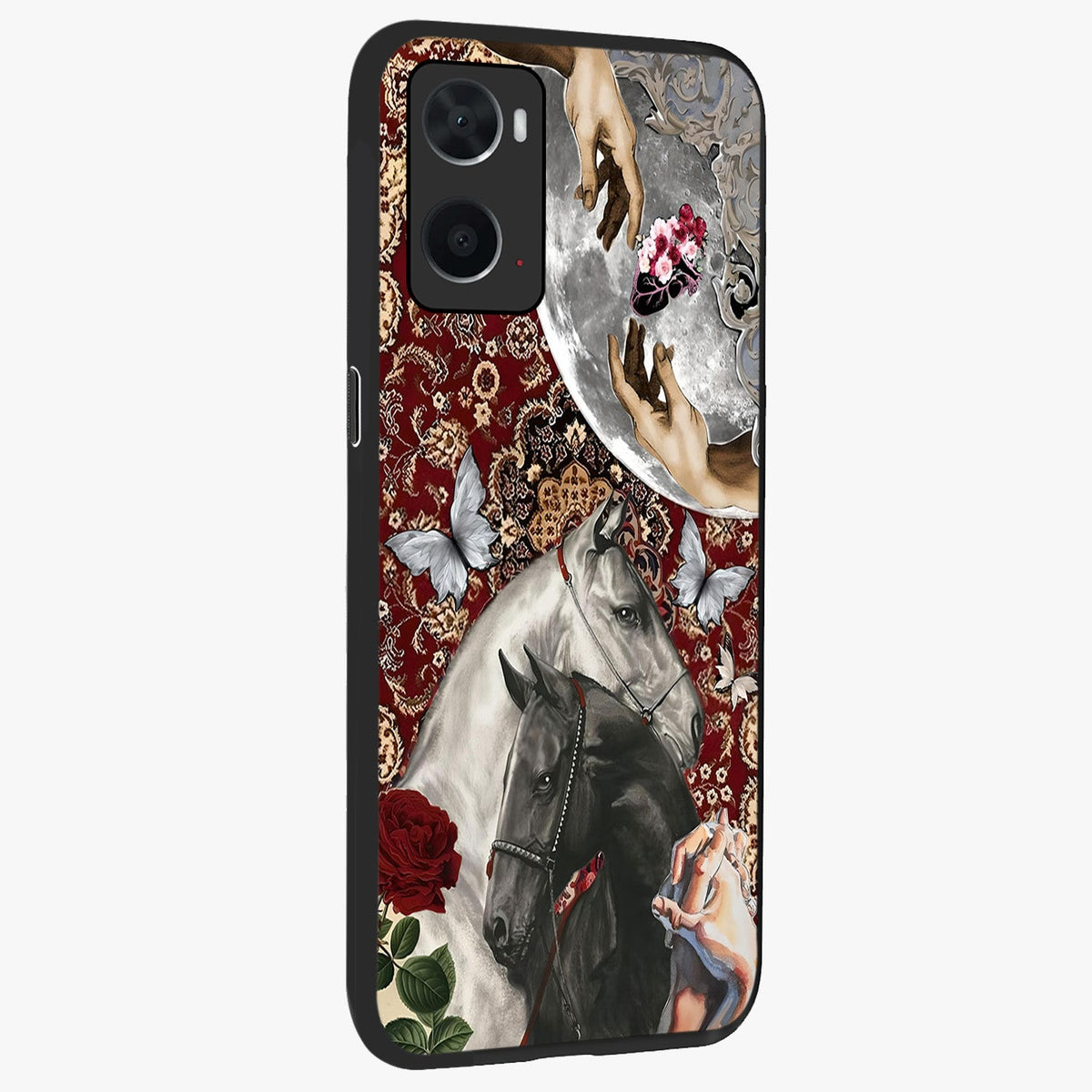 Moonlit Royal Stallion Glass Case upright view showcasing dramatic horse artwork with glowing moon themed design.