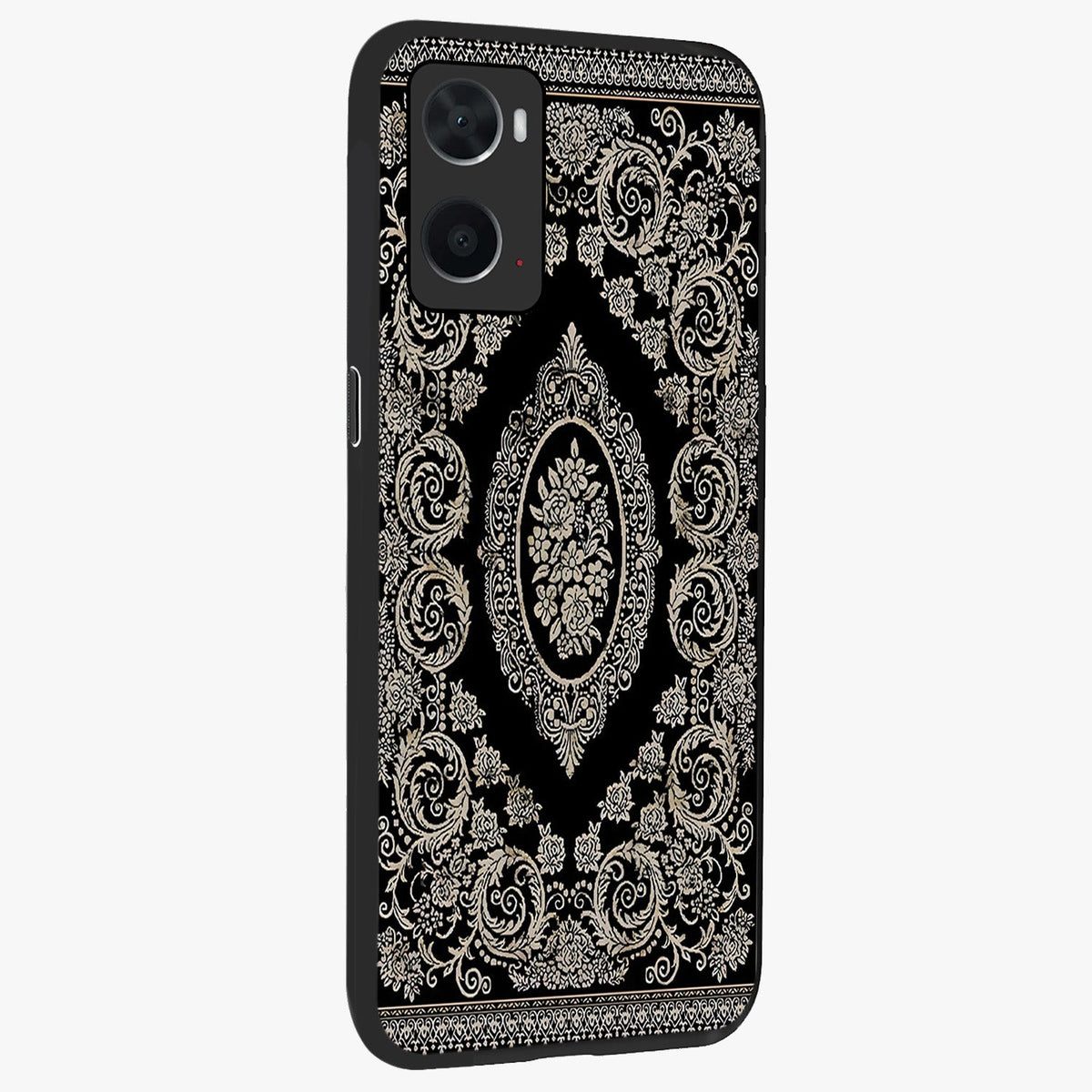 Noir Bloom Elegance Glass Case upright view showcasing graceful floral artwork with luxurious dark theme.