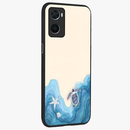 Ocean Drift Turtle Glass Case upright view showcasing calm underwater turtle artwork with nature inspired theme.