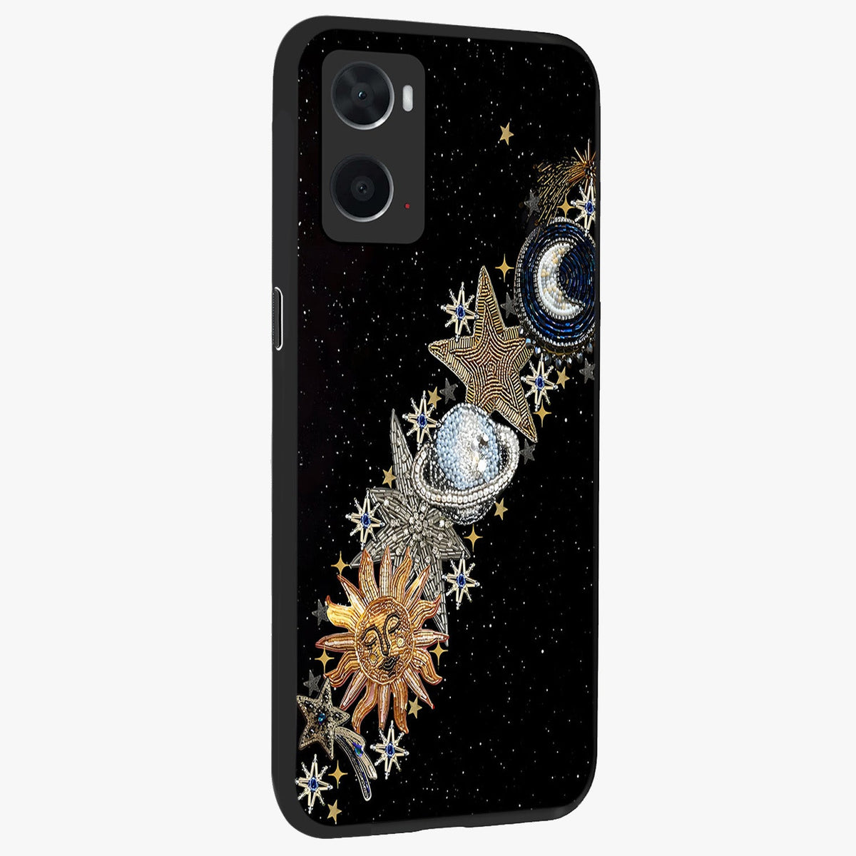 Pearls Universe Object Glass Case upright view showcasing decorative pearl themed artwork with cosmic elegance.
