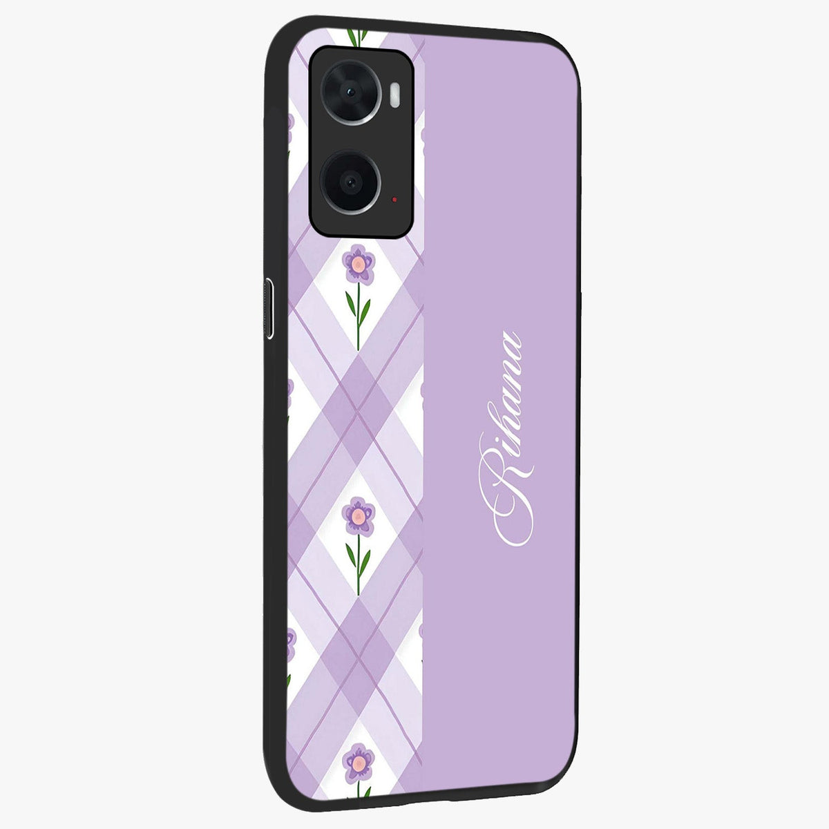 Purple Diamond Floral Glass Case upright view showcasing vibrant floral artwork with stylish geometric theme.