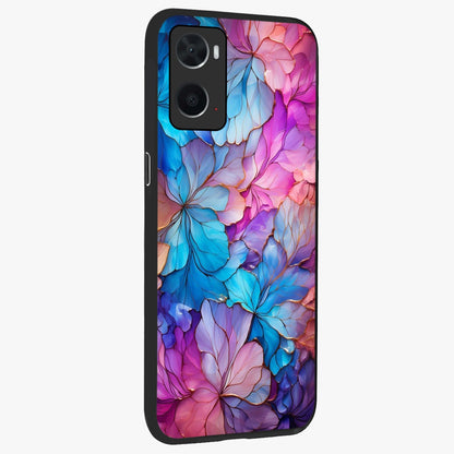 Radiant Floral Whirl Glass Case upright view showcasing lively floral artwork with decorative swirl theme.
