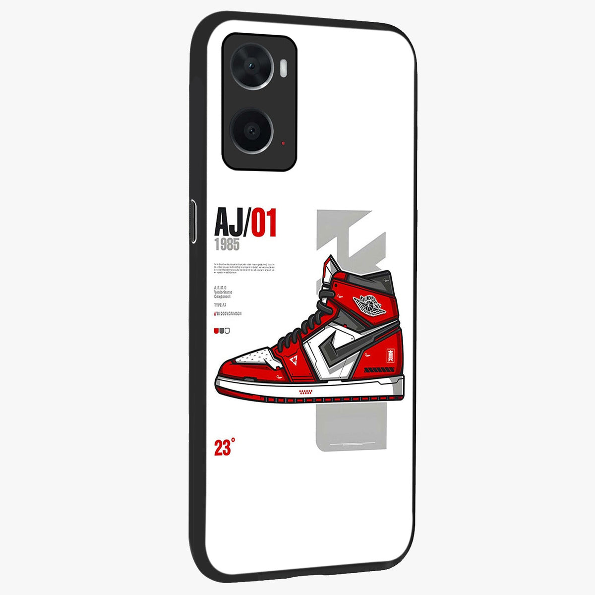 Retro Sneaker Blueprint Glass Case upright view showcasing stylish sneaker illustration with vintage streetwear theme.