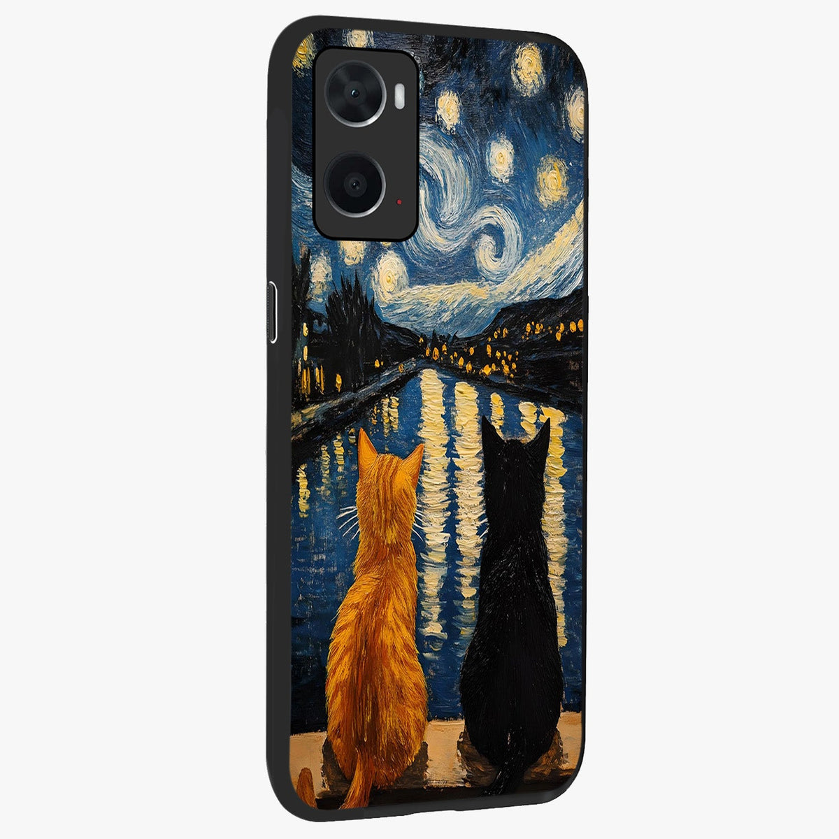 Starry River Cats Glass Case upright view showcasing adorable cat artwork with magical river and stars theme.