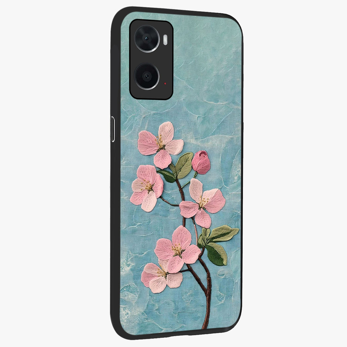 Threaded Blossom Breeze Glass Case upright view showcasing graceful flower artwork with calm botanical theme.