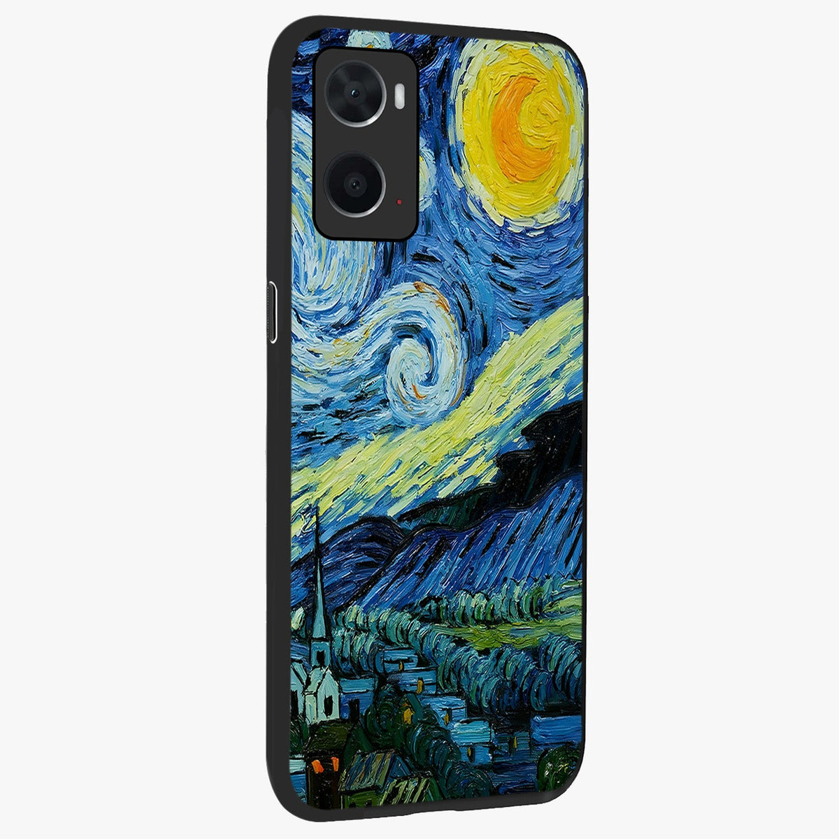 Van Gogh Art Glass Case upright view showcasing expressive painting style artwork with timeless artistic theme.