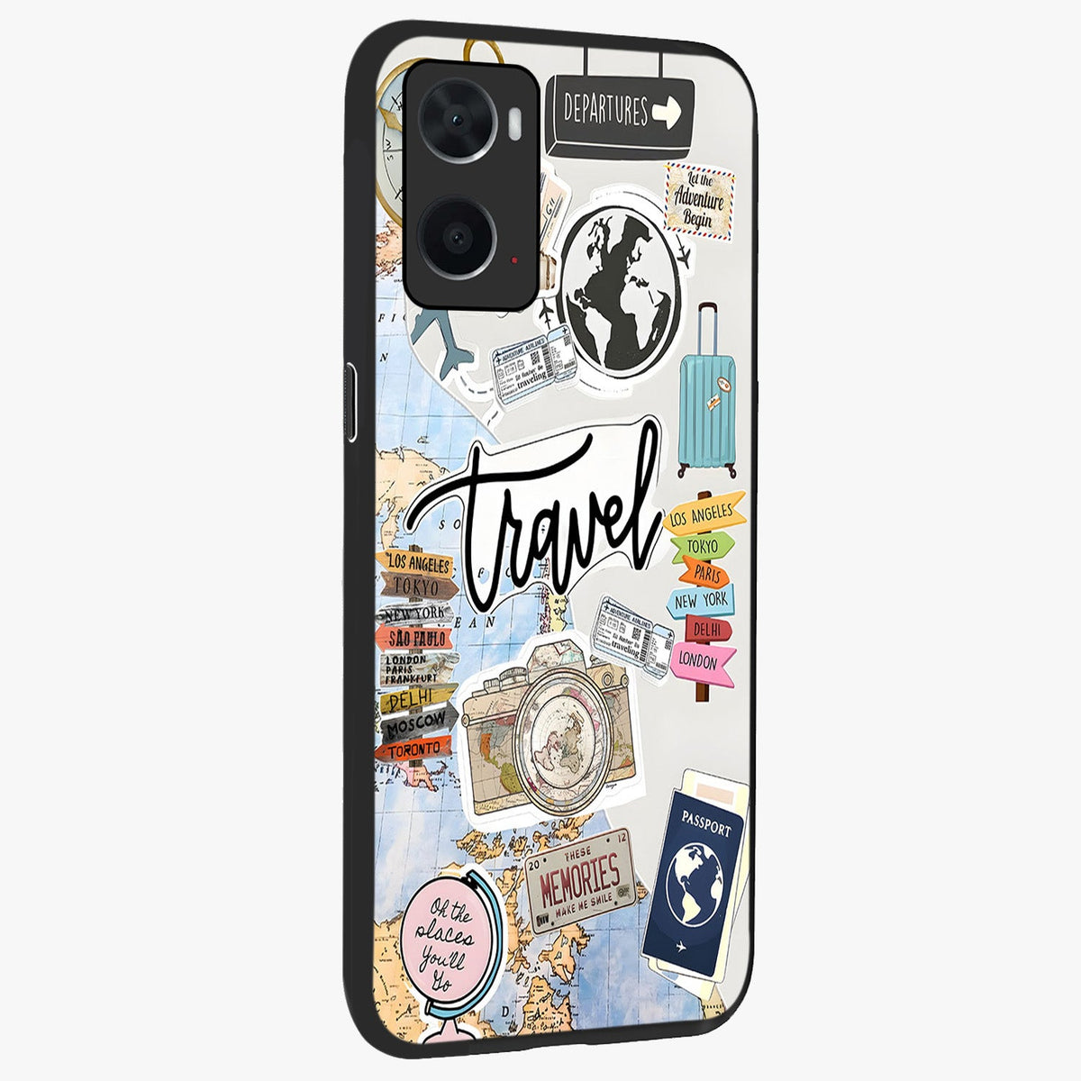 Wanderlust Journal Glass Case upright view showcasing wanderlust inspired artwork with creative exploration theme.