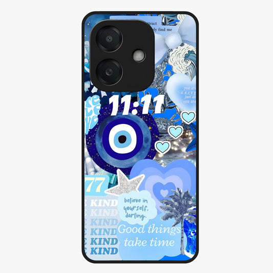 Aesthetic Be Kind Eye Glass Case showing flat back view with motivational eye artwork and glossy glass finish.
