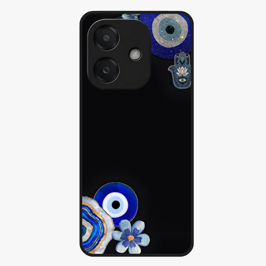 Aesthetic Blue Evil Eye Glass Case showing flat back view with protective evil eye artwork and glossy glass finish.