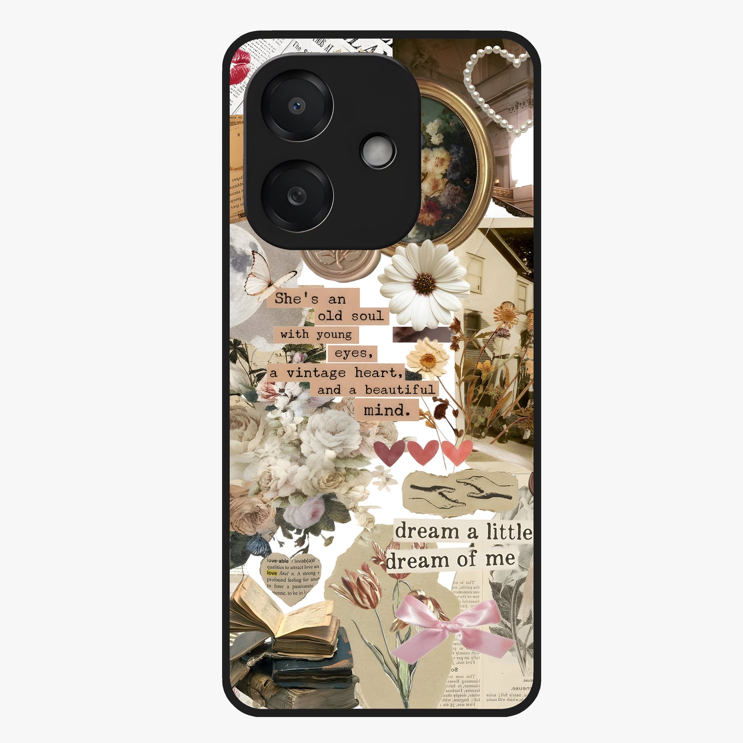 Aesthetic Brown Vintage Collage Glass Case showing flat back view with retro collage artwork and glossy glass finish.