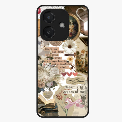 Aesthetic Brown Vintage Collage Glass Case showing flat back view with retro collage artwork and glossy glass finish.